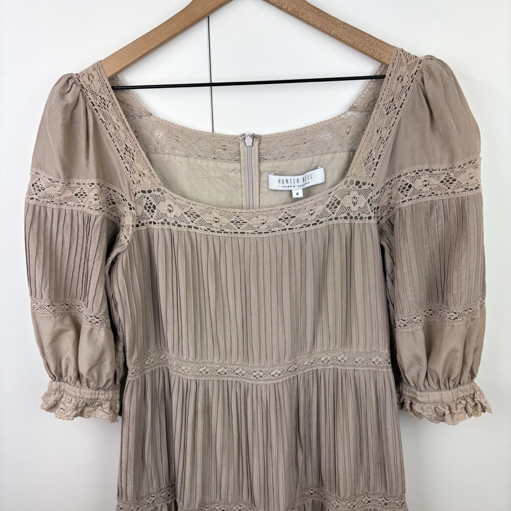Hunter Bell Evelyn Dress Clay Silk Cotton Midi Square Neck Puff Sleeve Taupe 8 - Picture 4 of 9